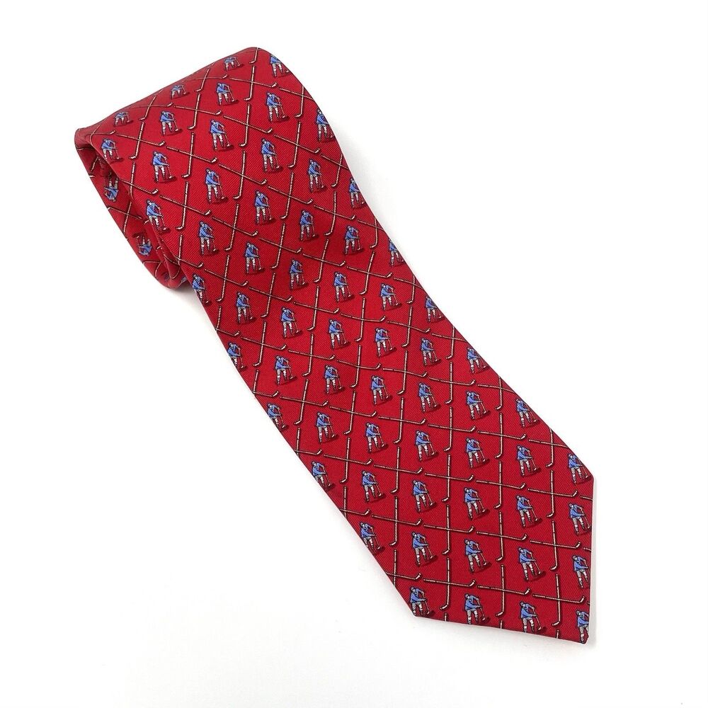 Bird Dog Bay Red Hockey Player‎ & Stick Tie 100% Silk 3.25" Hand Made